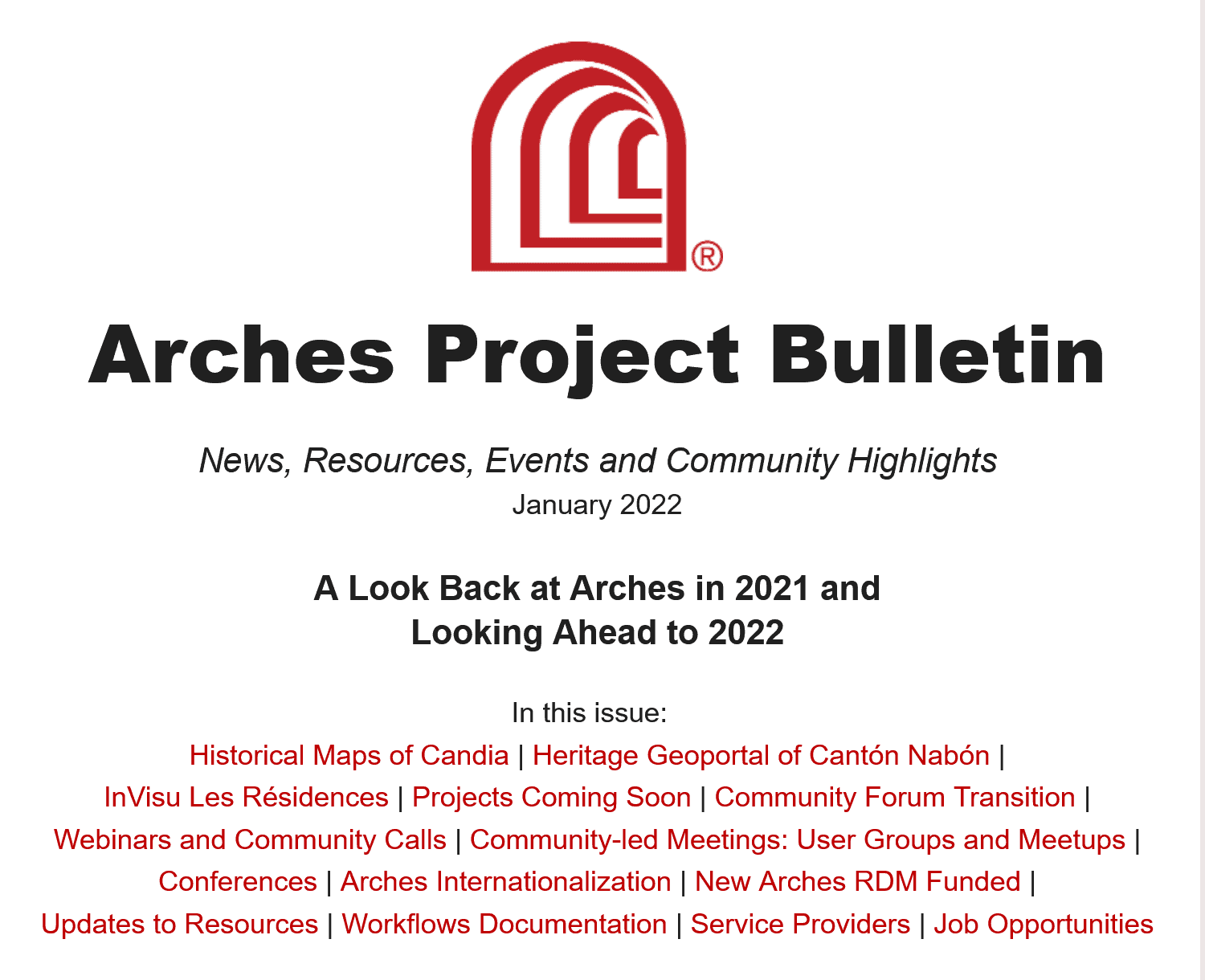 Screenshot of the latest Arches bulletin including title and table of contents