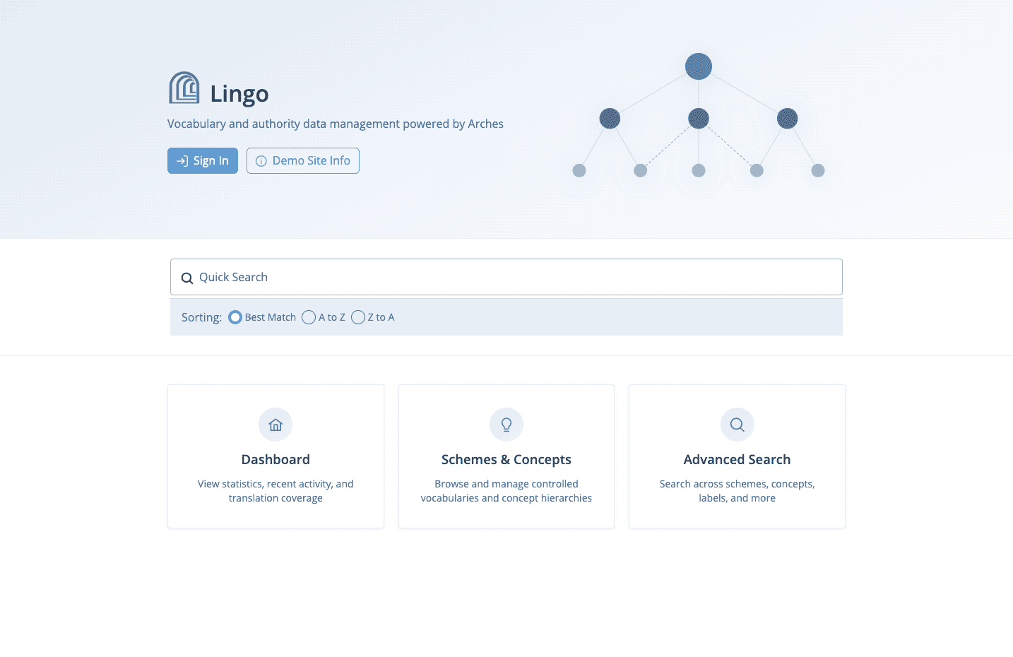 Lingo Home page of Arches for Science demo site
